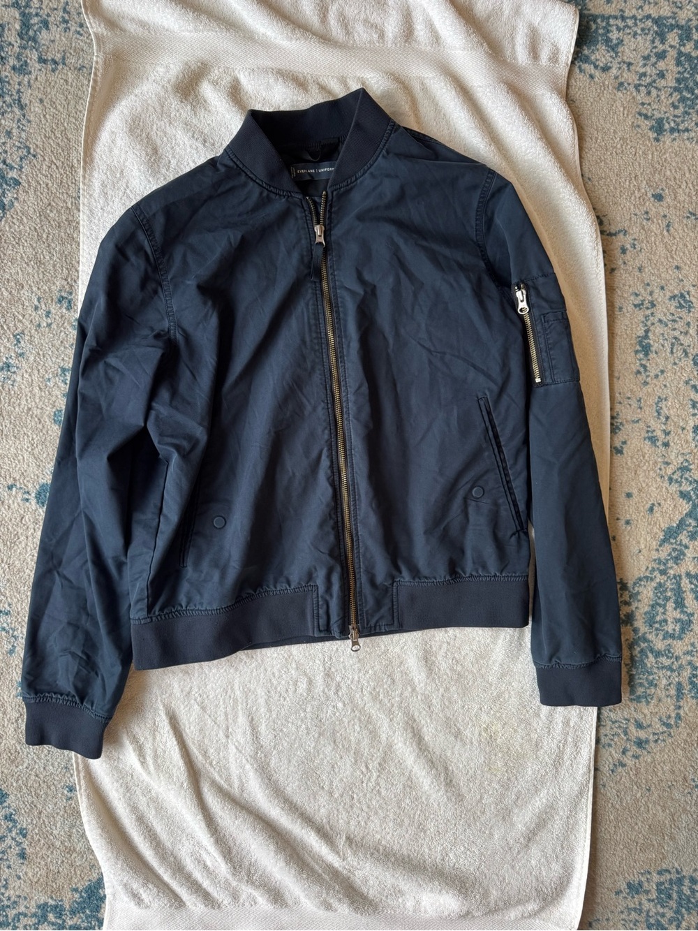 Everlane Navy Men's Bomber Jacket with Zip Sleeve Pocket